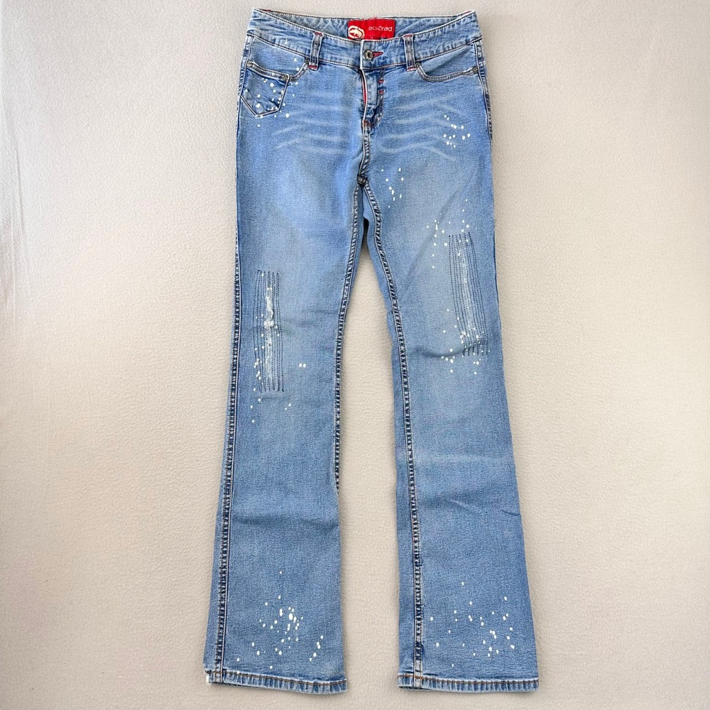 VTG Ecko Red Flare Jeans Womens 9 Blue Y2K Paint Splatter Streetwear Distressed